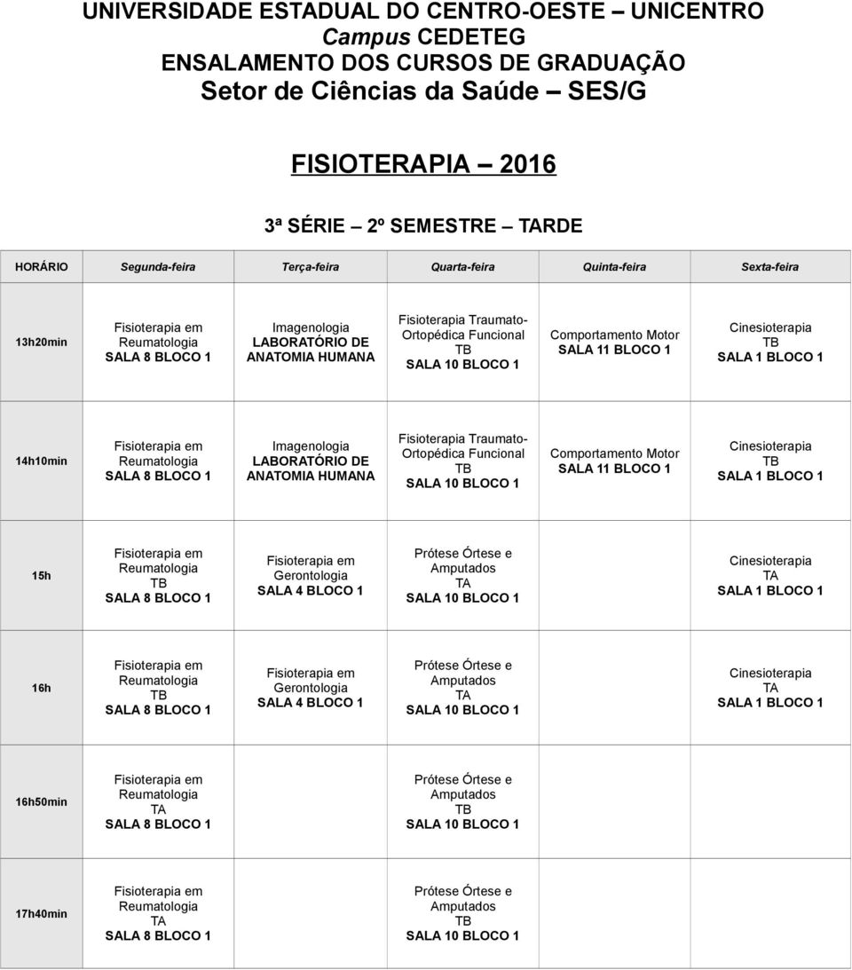 Reumatologia Gerontologia SALA 4 BLOCO 1 Prótese Órtese e Amputados SALA 10 BLOCO 1 Cinesioterapia 16h Reumatologia Gerontologia SALA 4 BLOCO 1 Prótese Órtese e