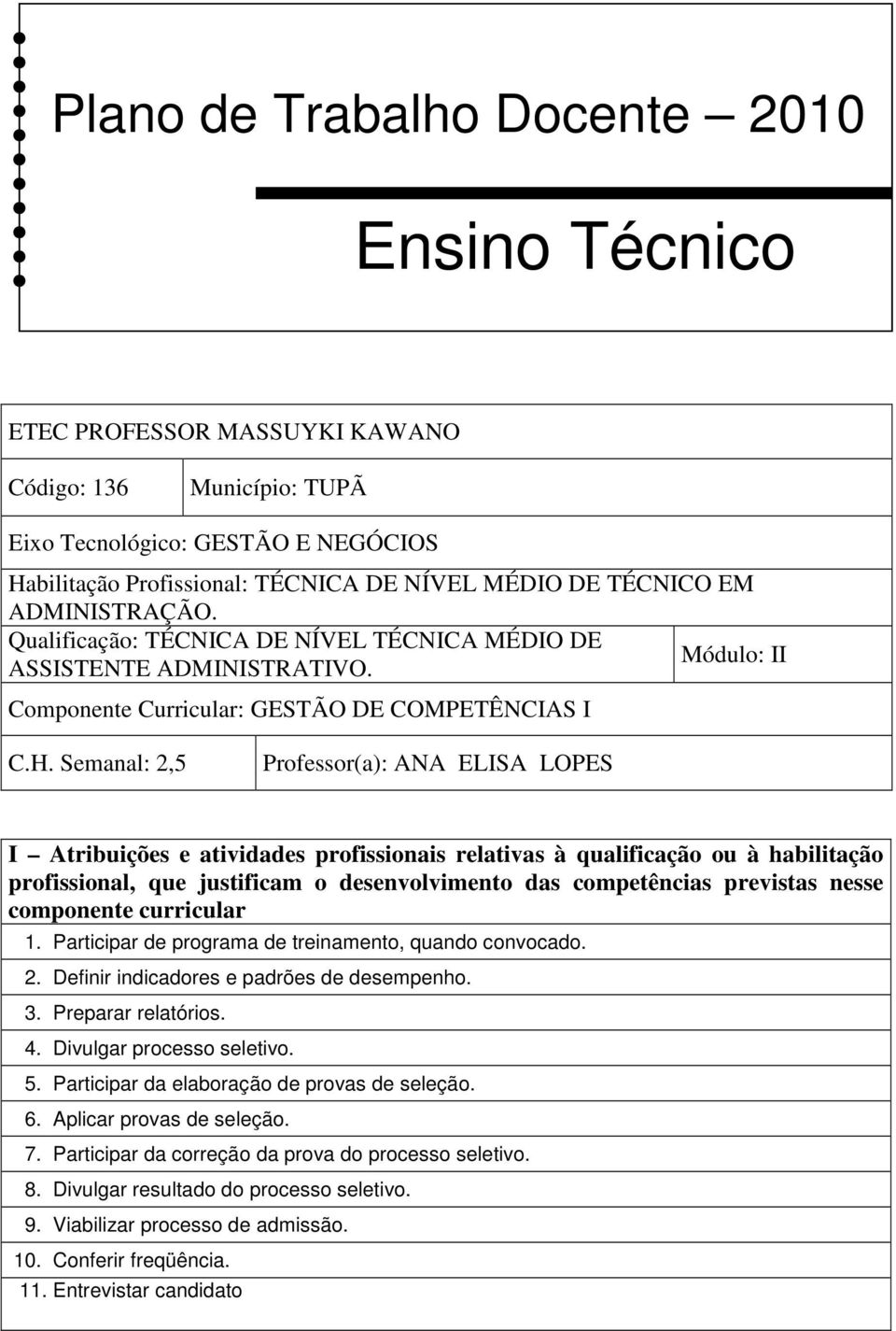 Semanal: 2,5 Professor(a): ANA ELISA LOPES I Atribuições e atividades profissionais relativas à qualificação ou à habilitação profissional, que justificam o desenvolvimento das competências previstas