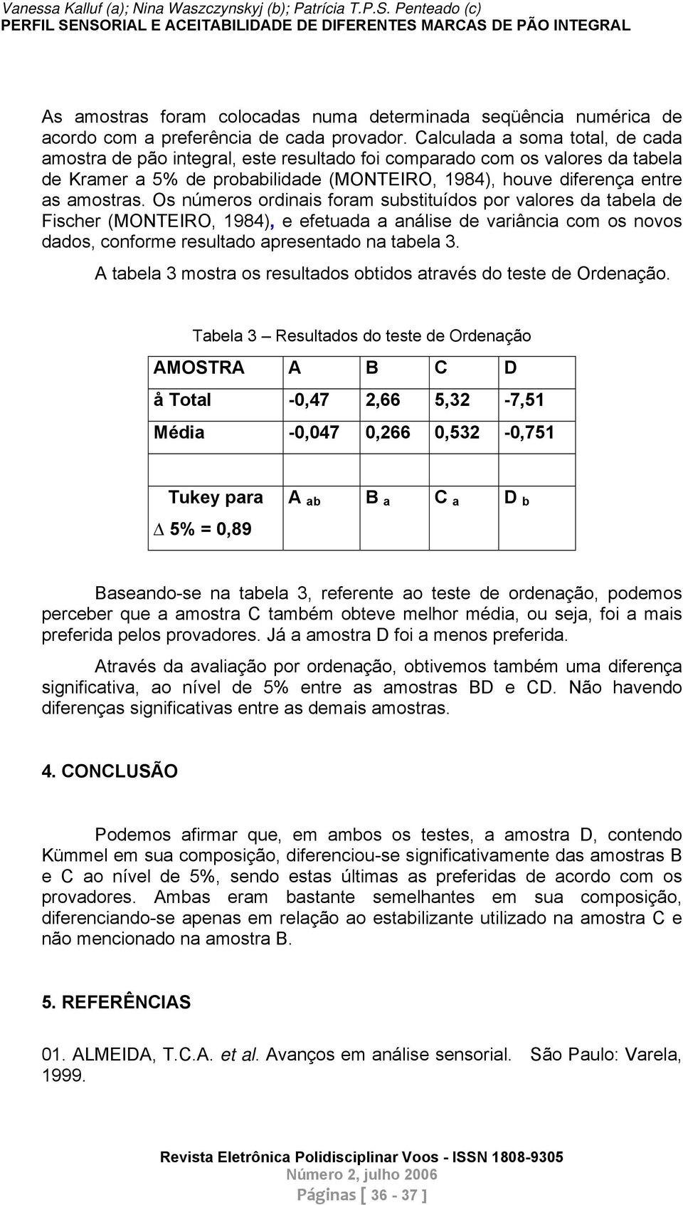 Os números ordinais foram substituídos por valores da tabela de Fischer (MONTEIRO, 1984), e efetuada a análise de variância com os novos dados, conforme resultado apresentado na tabela 3.