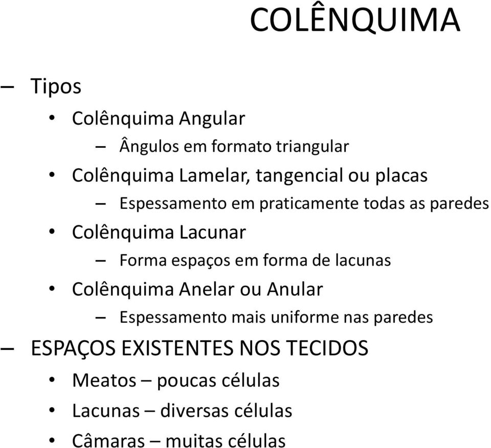 espaços em forma de lacunas Colênquima Anelar ou Anular Espessamento mais uniforme nas