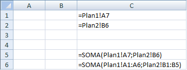 B6 contém a fórmula =SOMA(B1:B5). Na planilha Plan3 serão digitadas as referências entre planilhas.