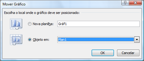 Para criar um gráfico em uma planilha separada clicar no botão Mover Gráfico ( ) no grupo Local, guia Design (Ferramentas de Gráfico) na Faixa de Opções, é aberta a janela Mover Gráfico com as opções