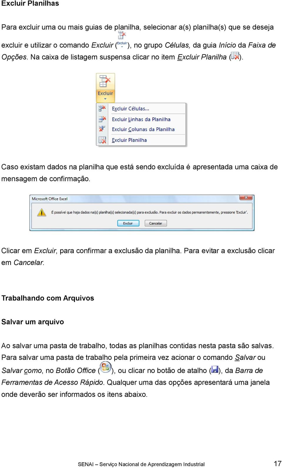 Clicar em Excluir, para confirmar a exclusão da planilha. Para evitar a exclusão clicar em Cancelar.