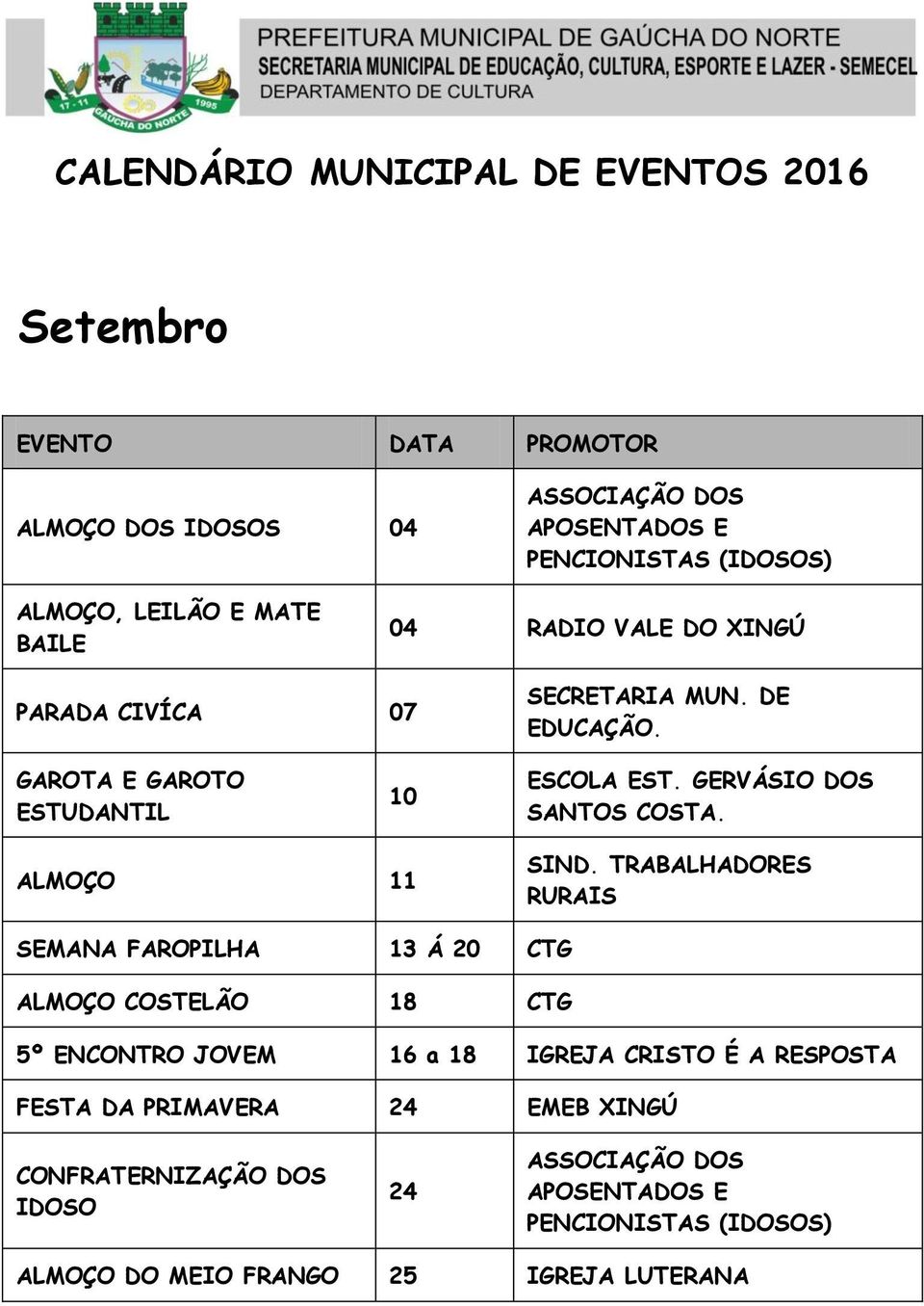 TRABALHADORES RURAIS SEMANA FAROPILHA 13 Á 20 CTG ALMOÇO COSTELÃO 18 CTG 5º ENCONTRO JOVEM 16 a 18 IGREJA