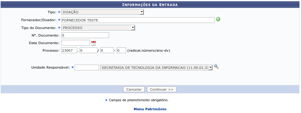 3.2 Tombamento por Outros tipos de entrada Esta funcionalidade permite que o usuário realize o tombamento, ou o registro de um bem como patrimônio oficial da Instituição, bem esse que tenha entrado