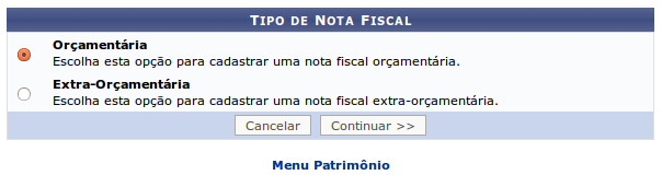 2. Cadastro de nota fiscal Esta funcionalidade permite que o usuário cadastre uma nota fiscal no sistema da Instituição.