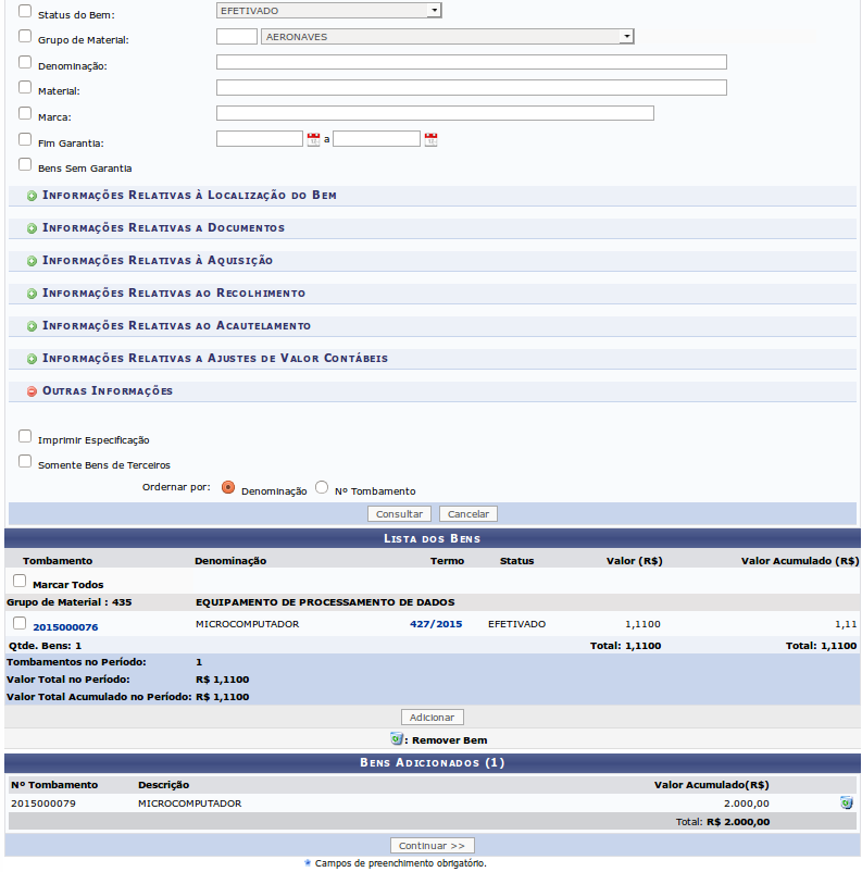 Para prosseguir com a operação, clique em