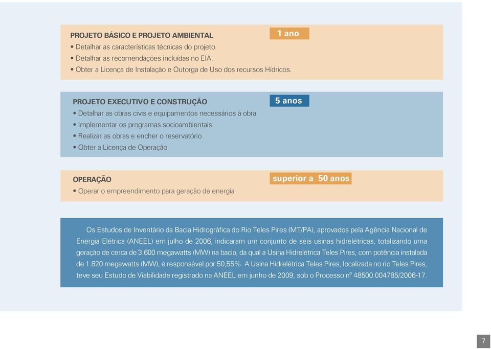projeto executivo e construção Detalhar as obras civis e equipamentos necessários à obra Implementar os programas socioambientais Realizar as obras e encher o reservatório Obter a Licença de Operação