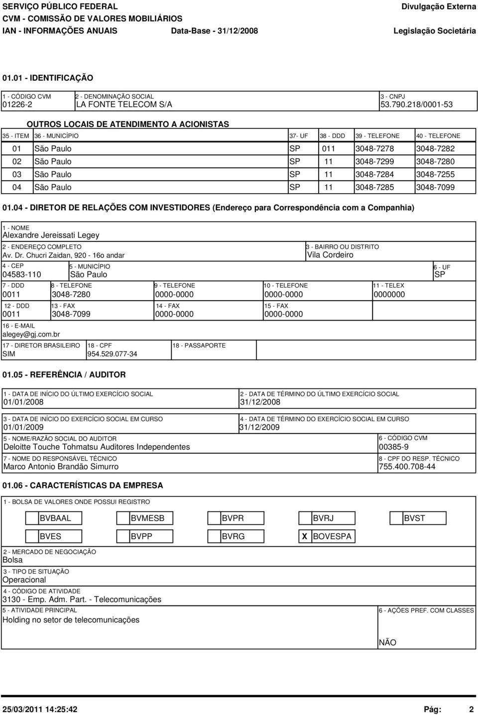 04 - DIRETOR DE RELAÇÕES COM INVESTIDORES (Endereço para Correspondência com a Companhia) 1 - NOME Alexandre Jereissati Legey 2 - ENDEREÇO COMPLETO Av. Dr.