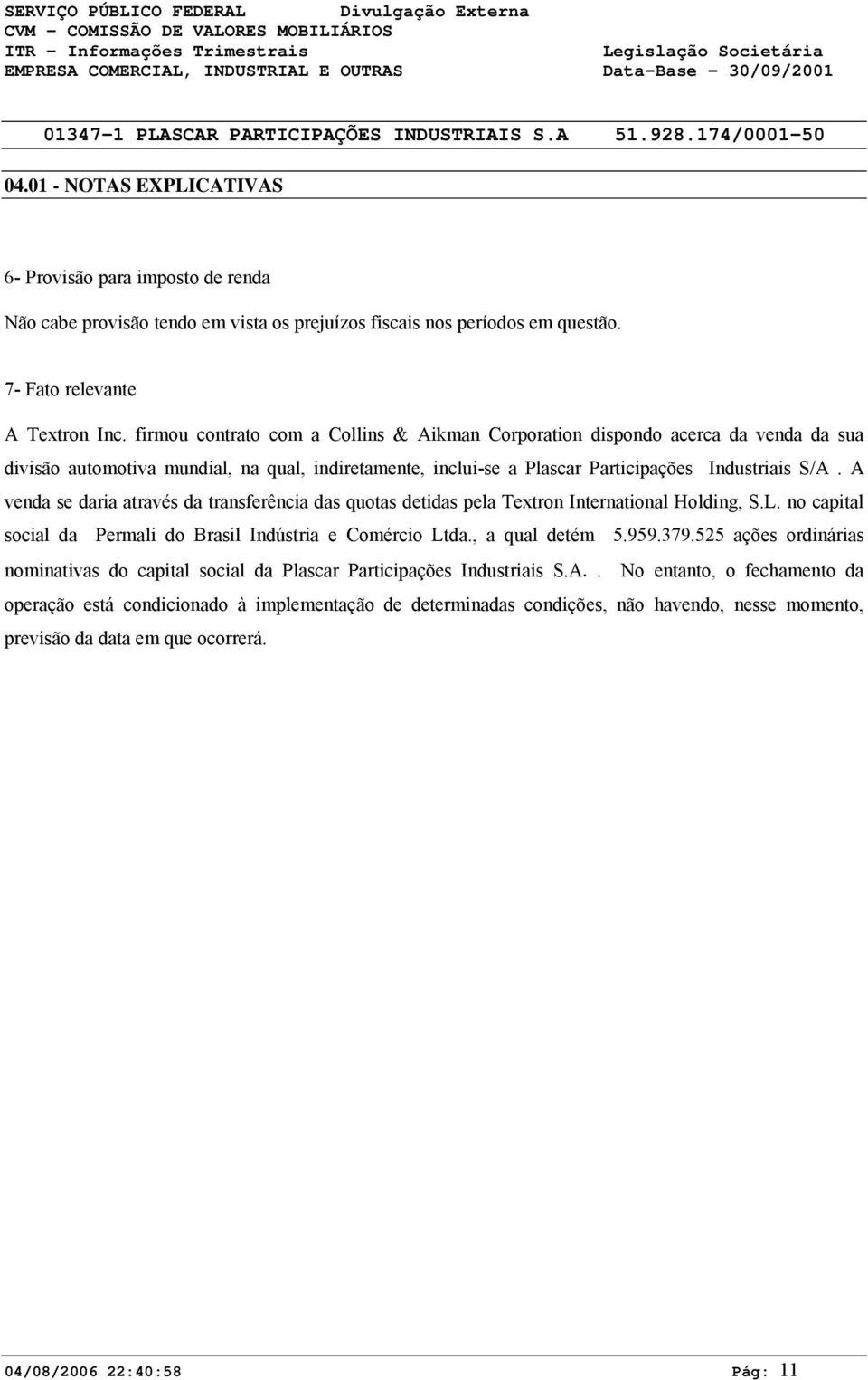 firmou contrato com a Collins & Aikman Corporation dispondo acerca da venda da sua divisão automotiva mundial, na qual, indiretamente, inclui-se a Plascar Participações Industriais S/A.