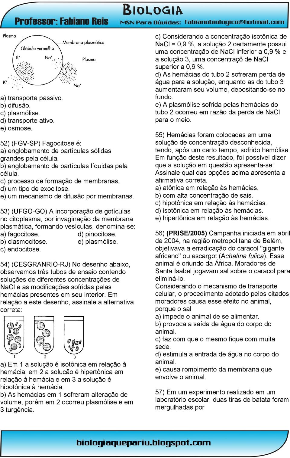 53) (UFGO-GO) A incorporação de gotículas no citoplasma, por invaginação da membrana plasmática, formando vesículas, denomina-se: a) fagocitose. d) pinocitose. b) clasmocitose. e) plasmólise.