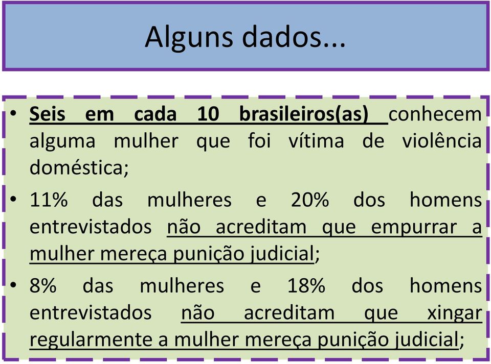 violência doméstica; 11% das mulheres e 20% dos homens entrevistados não acreditam