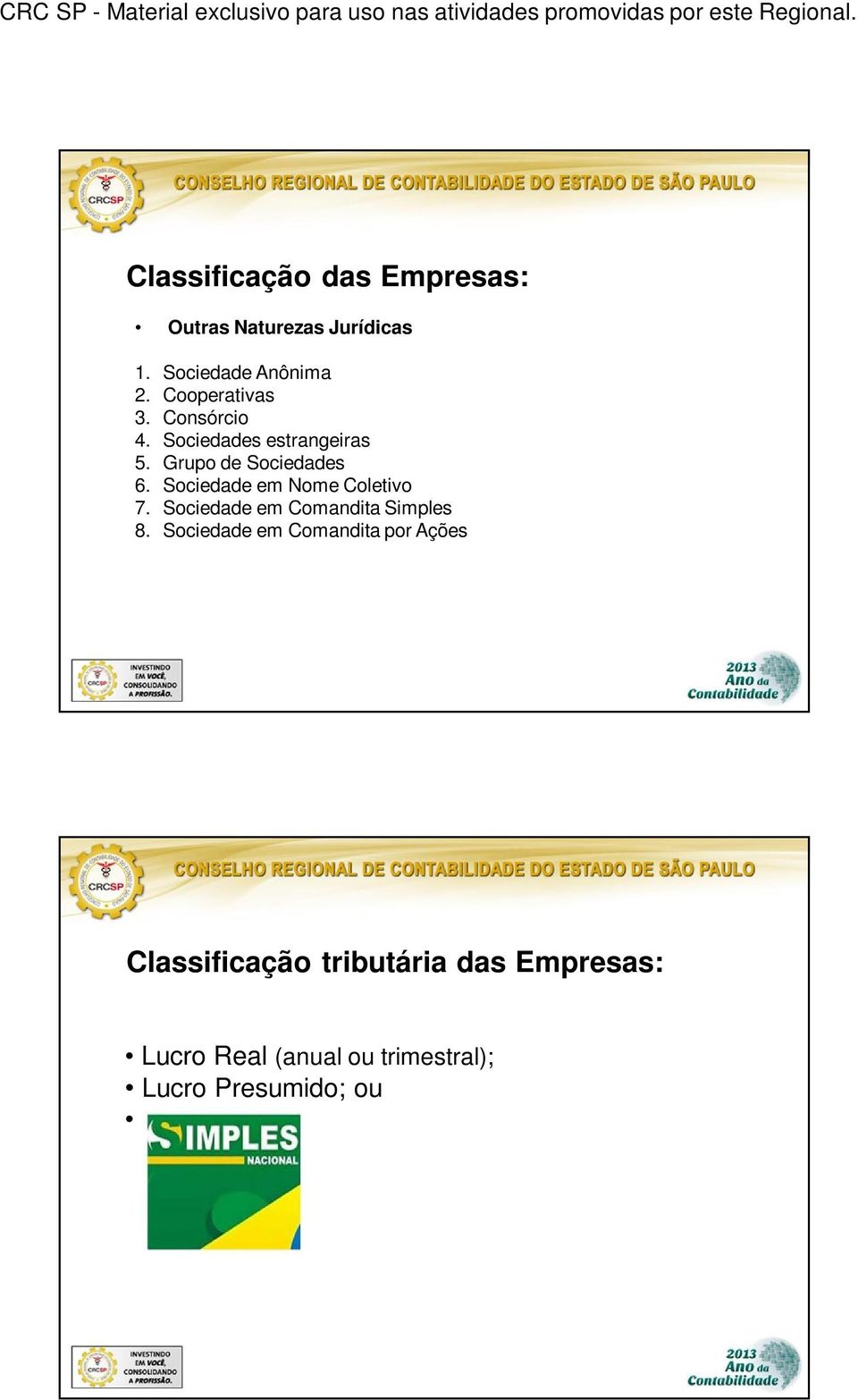 Sociedade em Nome Coletivo 7. Sociedade em Comandita Simples 8.