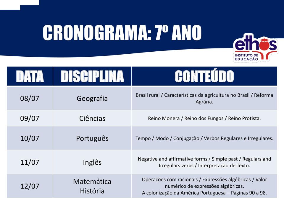 11/07 Inglês Negative and affirmative forms / Simple past / Regulars and Irregulars verbs / Interpretação de Texto.