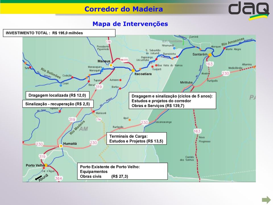 sinalização (ciclos de 5 anos): Estudos e projetos do corredor Obras e Serviços (R$ 139,7) Humaitá