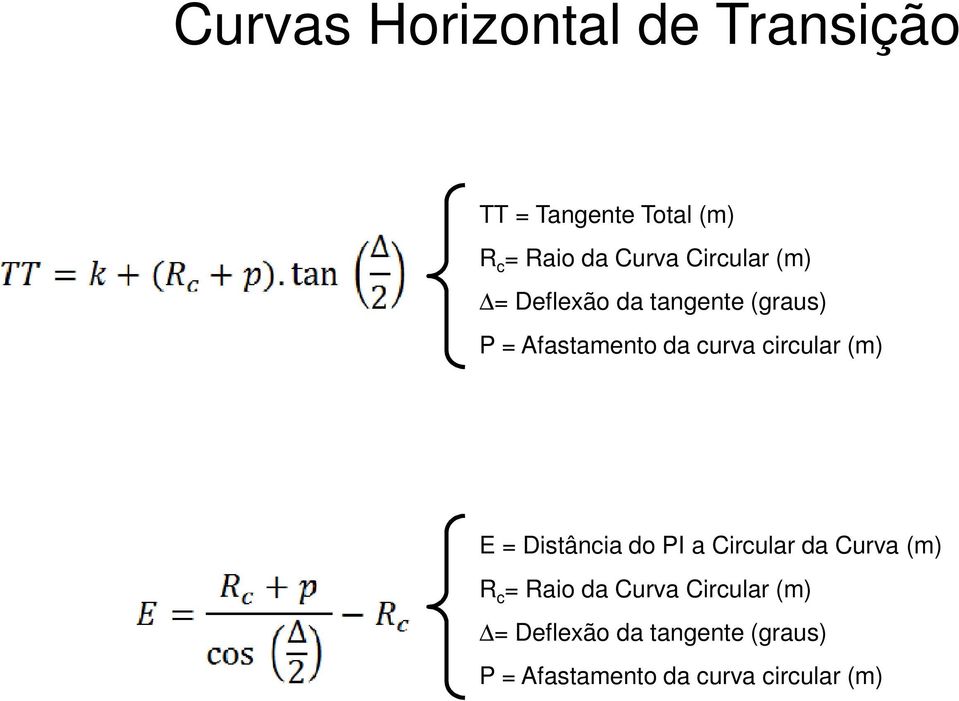 circular (m) E = Distância do PI a Circular da Curva (m) R c = Raio da