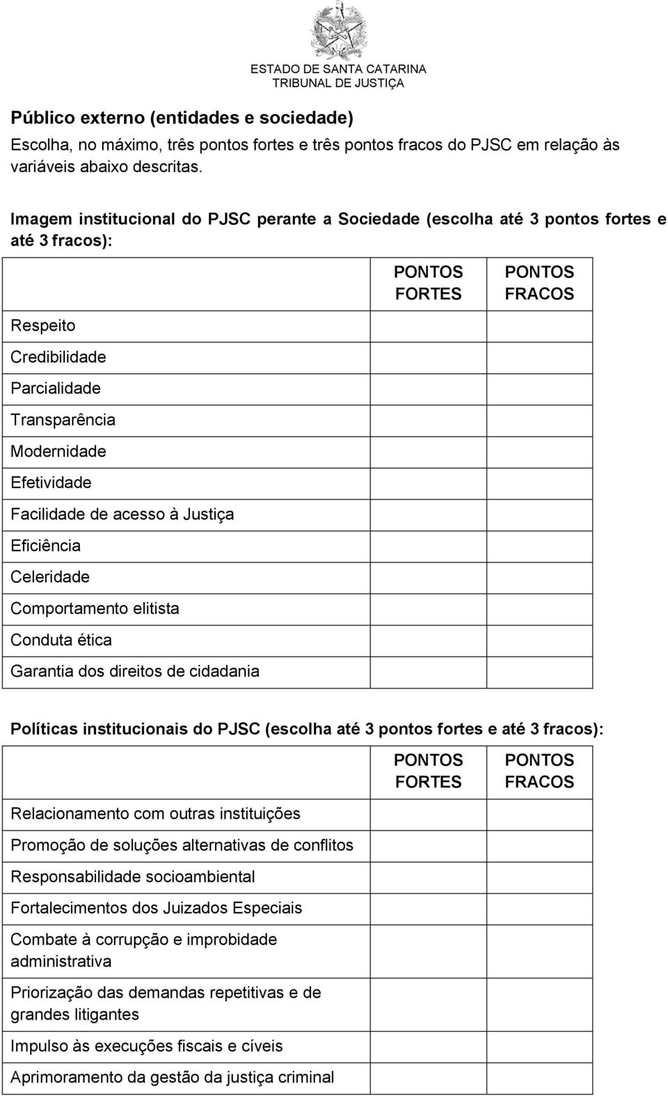 Eficiência Celeridade Comportamento elitista Conduta ética Garantia dos direitos de cidadania Políticas institucionais do PJSC (escolha até 3 pontos fortes e até 3 fracos): Relacionamento com outras