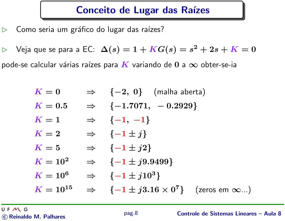 variando de 0 a obter-se-ia = 0 { 2, 0} (malha aberta) = 0.5 { 1.7071, 0.