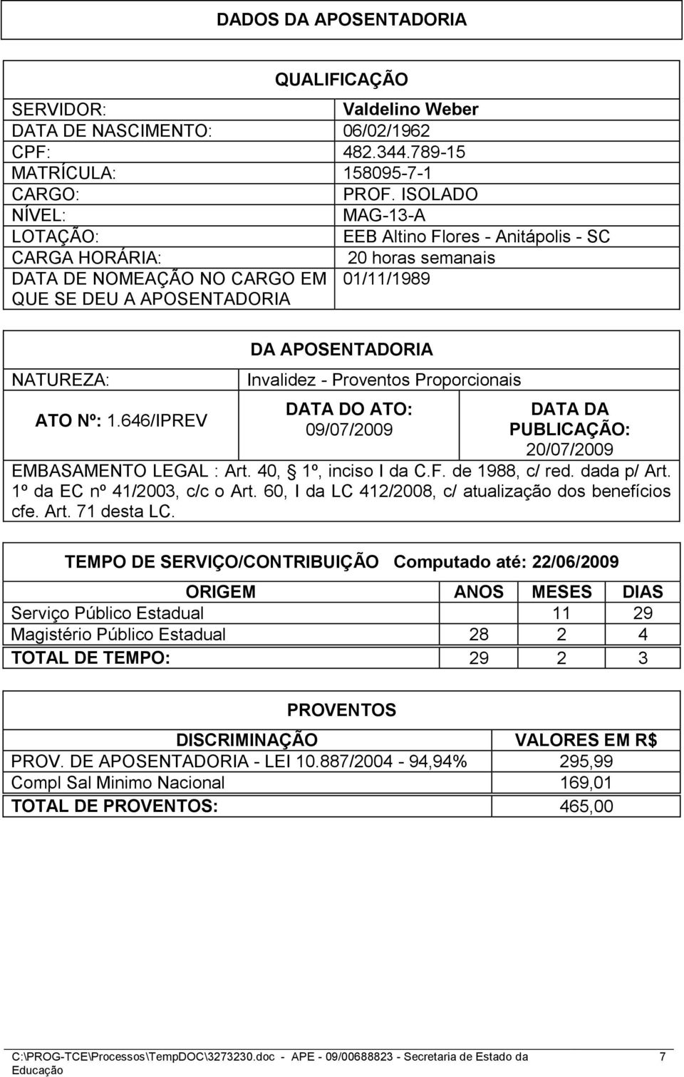 646/IPREV DA APOSENTADORIA Invalidez - Proventos Proporcionais DATA DO ATO: 09/07/2009 DATA DA PUBLICAÇÃO: 20/07/2009 EMBASAMENTO LEGAL : Art. 40, 1º, inciso I da C.F. de 1988, c/ red. dada p/ Art.