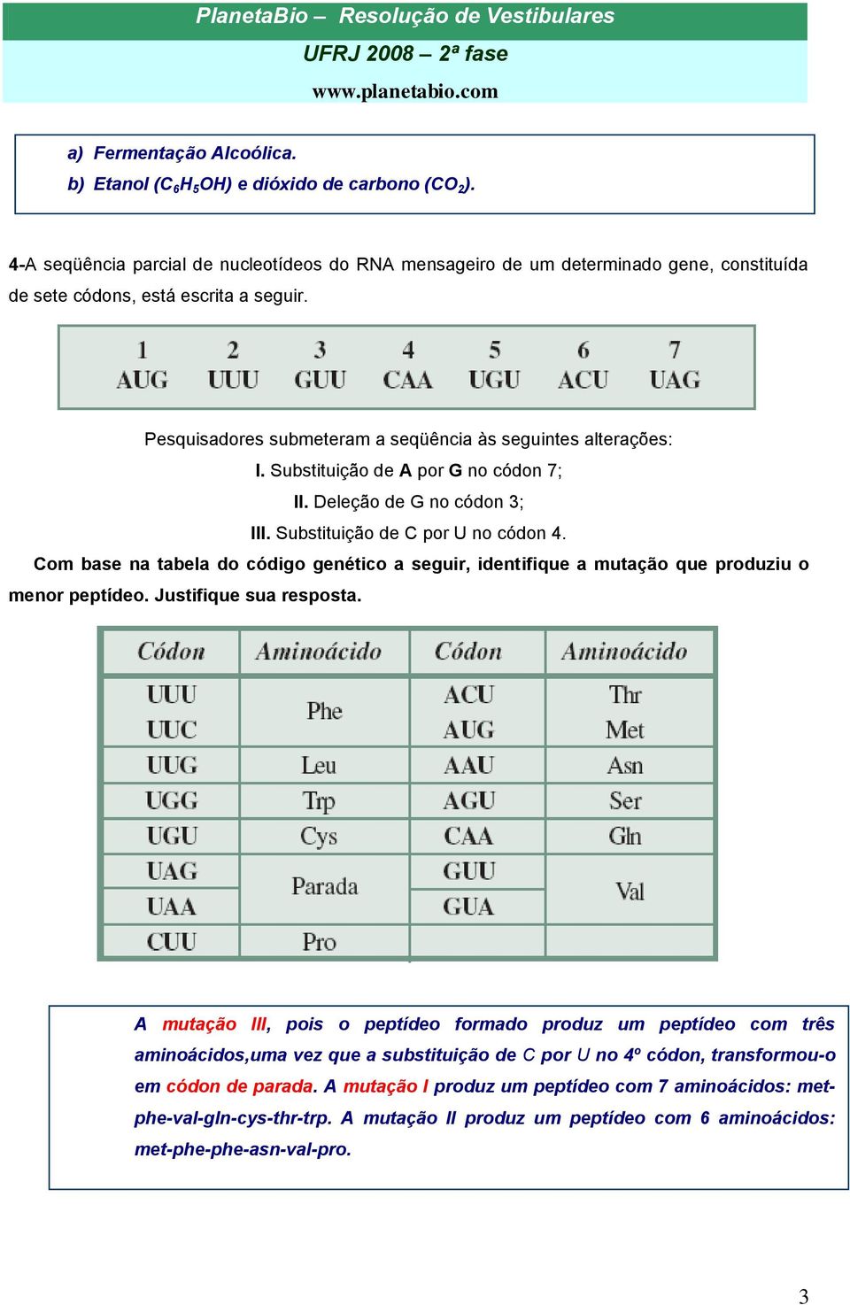 Substituição de A por G no códon 7; II. Deleção de G no códon 3; III. Substituição de C por U no códon 4.