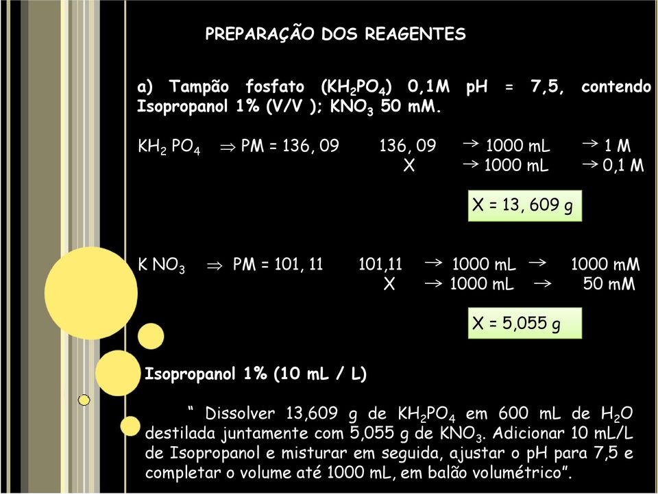 mm X = 5,055 g Isopropanol 1% (10 ml / L) Dissolver 13,609 g de KH 2 PO 4 em 600 ml de H 2 O destilada juntamente com 5,055 g de