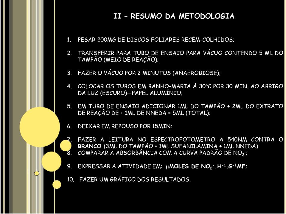 EM TUBO DE ENSAIO ADICIONAR 1ML DO TAMPÃO + 2ML DO EXTRATO DE REAÇÃO DE + 1ML DE NNEDA = 5ML (TOTAL); 6. DEIXAR EM REPOUSO POR 15MIN; 7.