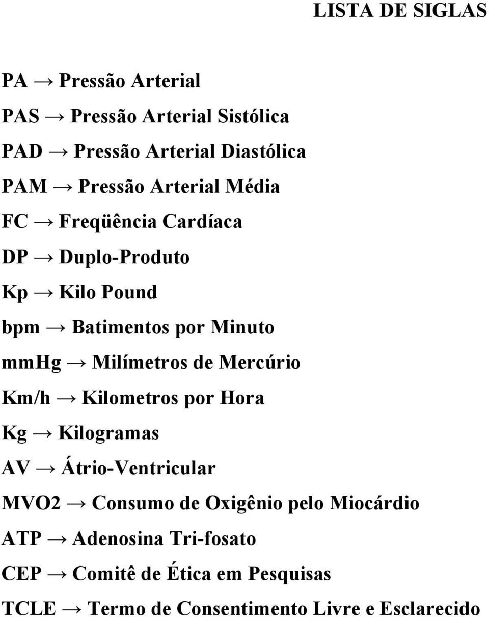 Milímetros de Mercúrio Km/h Kilometros por Hora Kg Kilogramas AV Átrio-Ventricular MVO2 Consumo de Oxigênio