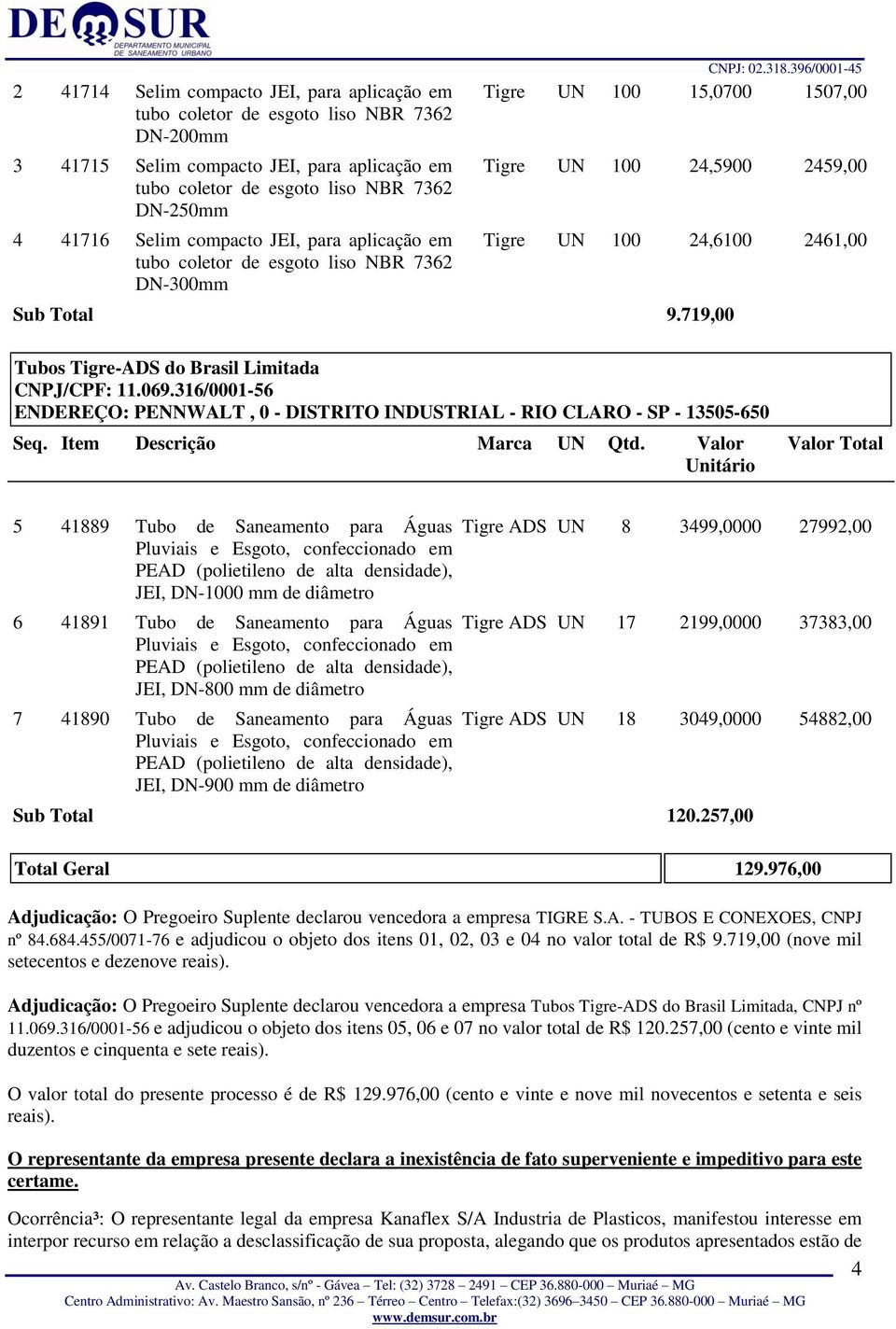 5 41889 Tubo de Saneamento para Águas densidade), JEI, DN-1000 mm de 6 41891 Tubo de Saneamento para Águas densidade), JEI, DN-800 mm de 7 41890 Tubo de Saneamento para Águas densidade), JEI, DN-900