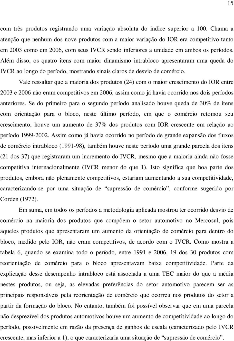 Além disso, os quatro itens com maior dinamismo intrabloco apresentaram uma queda do IVCR ao longo do período, mostrando sinais claros de desvio de comércio.