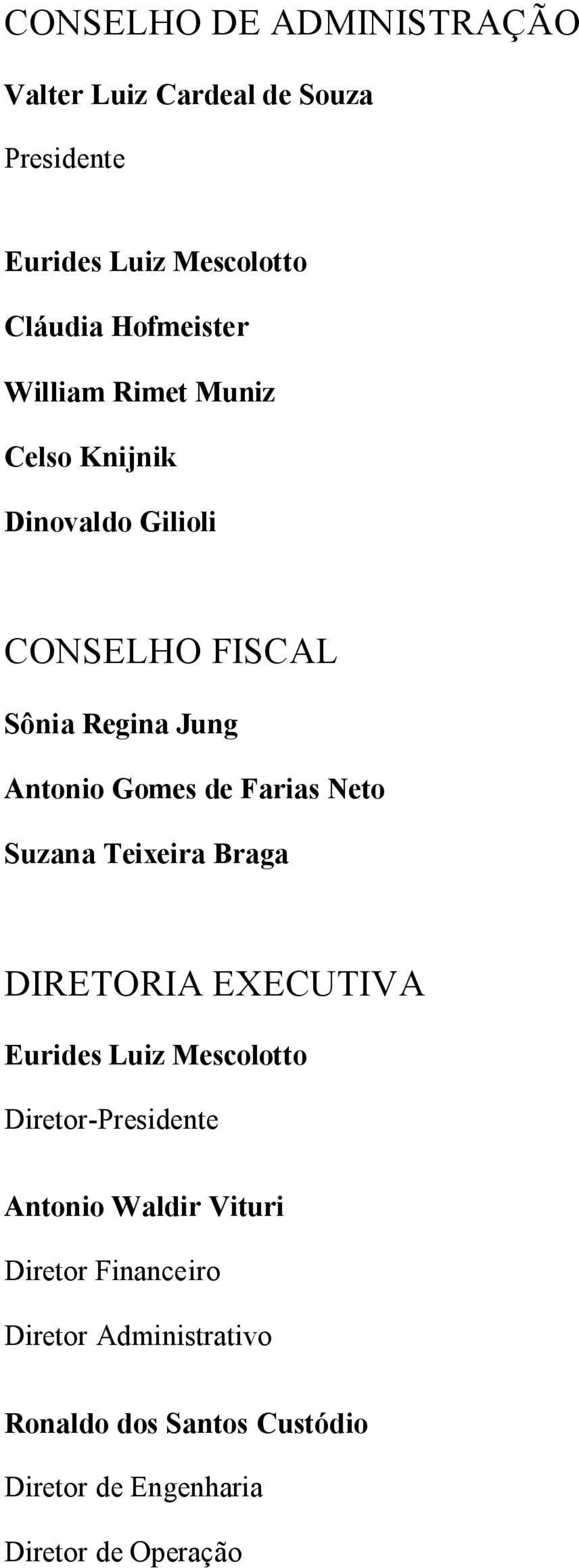 Neto Suzana Teixeira Braga DIRETORIA EXECUTIVA Eurides Luiz Mescolotto Diretor-Presidente Antonio Waldir