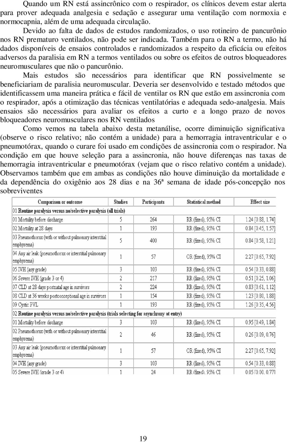 Também para o RN a termo, não há dados disponíveis de ensaios controlados e randomizados a respeito da eficácia ou efeitos adversos da paralisia em RN a termos ventilados ou sobre os efeitos de