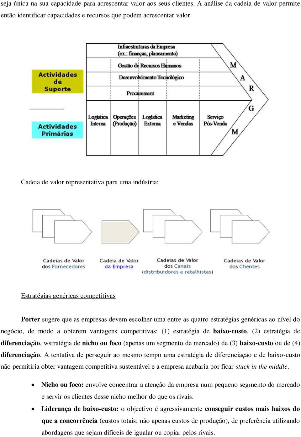 modo a obterem vantagens competitivas: (1) estratégia de baixo-custo, (2) estratégia de diferenciação, wstratégia de nicho ou foco (apenas um segmento de mercado) de (3) baixo-custo ou de (4)