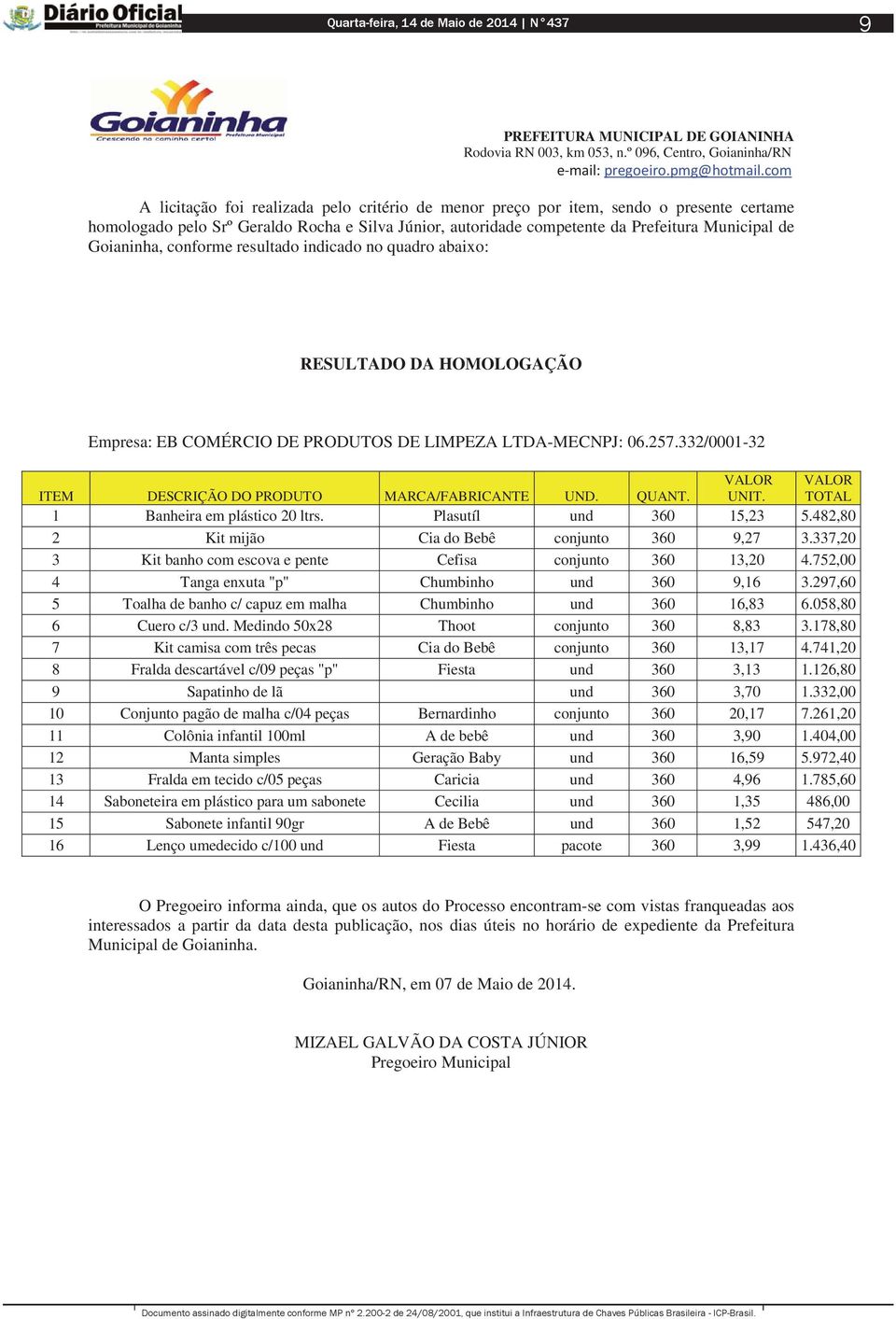 Goianinha, conforme resultado indicado no quadro abaixo: RESULTADO DA HOMOLOGAÇÃO Empresa: EB COMÉRCIO DE PRODUTOS DE LIMPEZA LTDA-MECNPJ: 06.257.332/0001-32 UNIT.