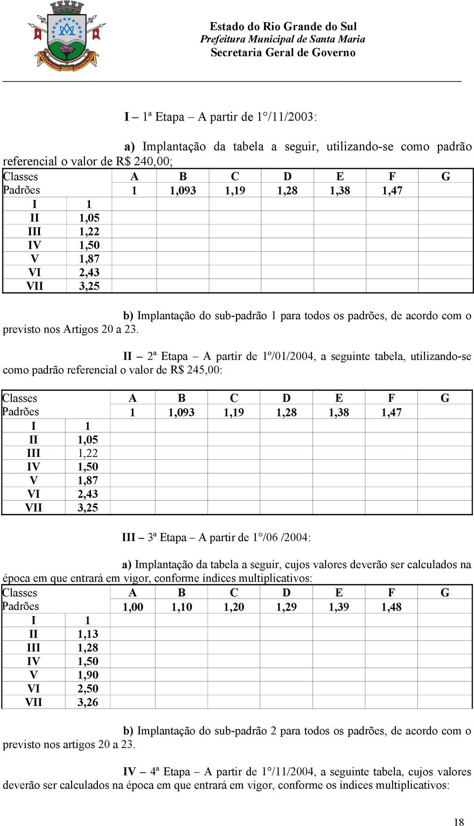 II 2ª Etapa A partir de 1º/01/2004, a seguinte tabela, utilizando-se como padrão referencial o valor de R$ 245,00: Classes Padrões I 1 II 1,05 III 1,22 IV 1,50 V 1,87 VI 2,43 VII 3,25 A B C D E F G 1