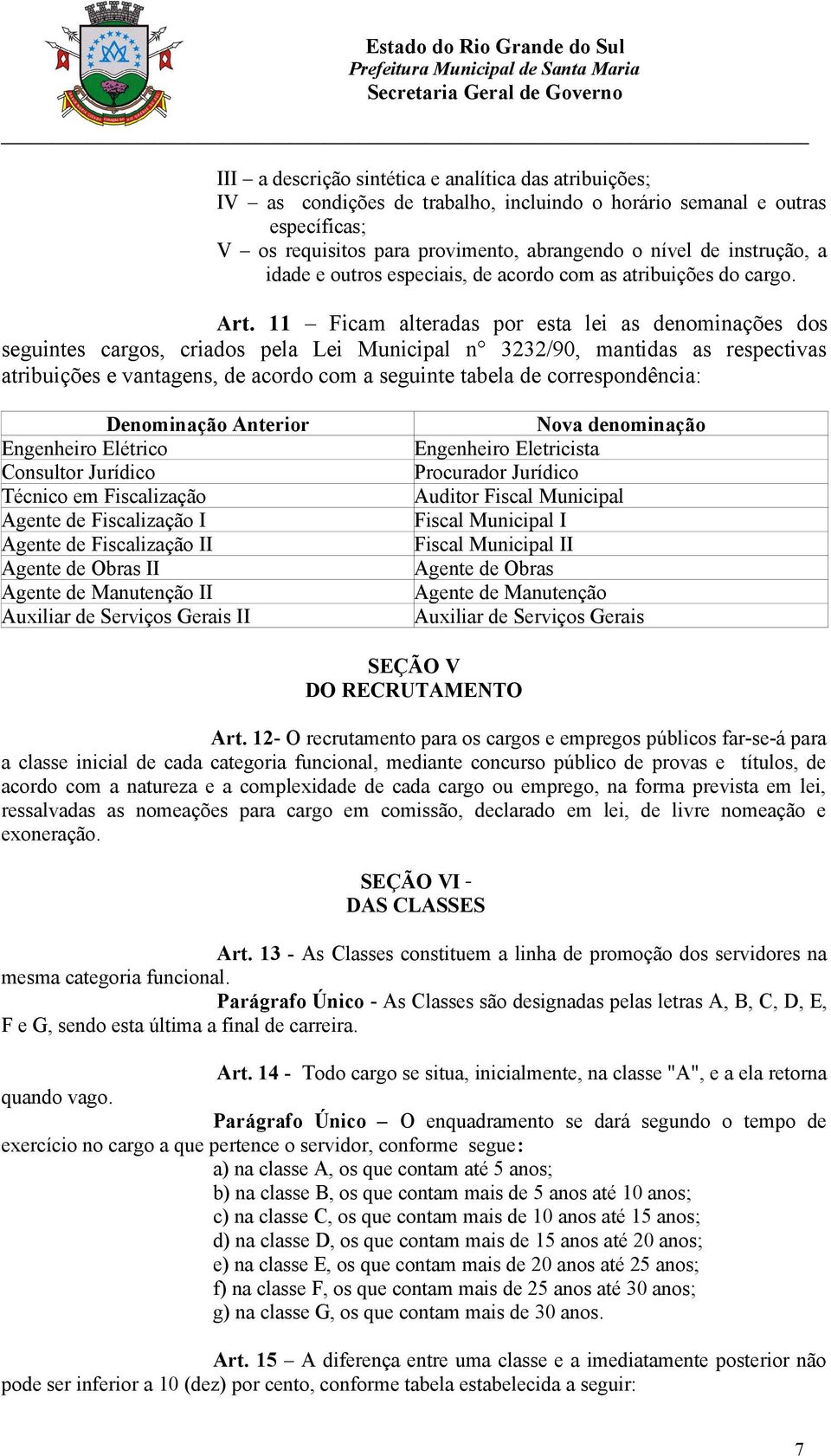 11 Ficam alteradas por esta lei as denominações dos seguintes cargos, criados pela Lei Municipal n 3232/90, mantidas as respectivas atribuições e vantagens, de acordo com a seguinte tabela de