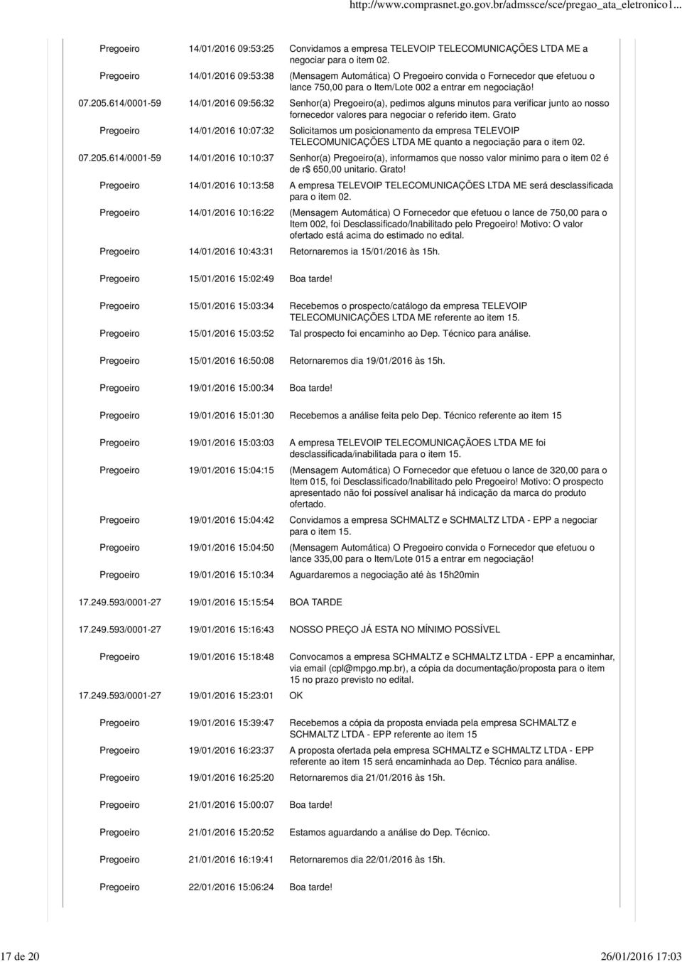 614/0001-59 14/01/2016 09:56:32 Senhor(a) Pregoeiro(a), pedimos alguns minutos para verificar junto ao nosso fornecedor valores para negociar o referido item.