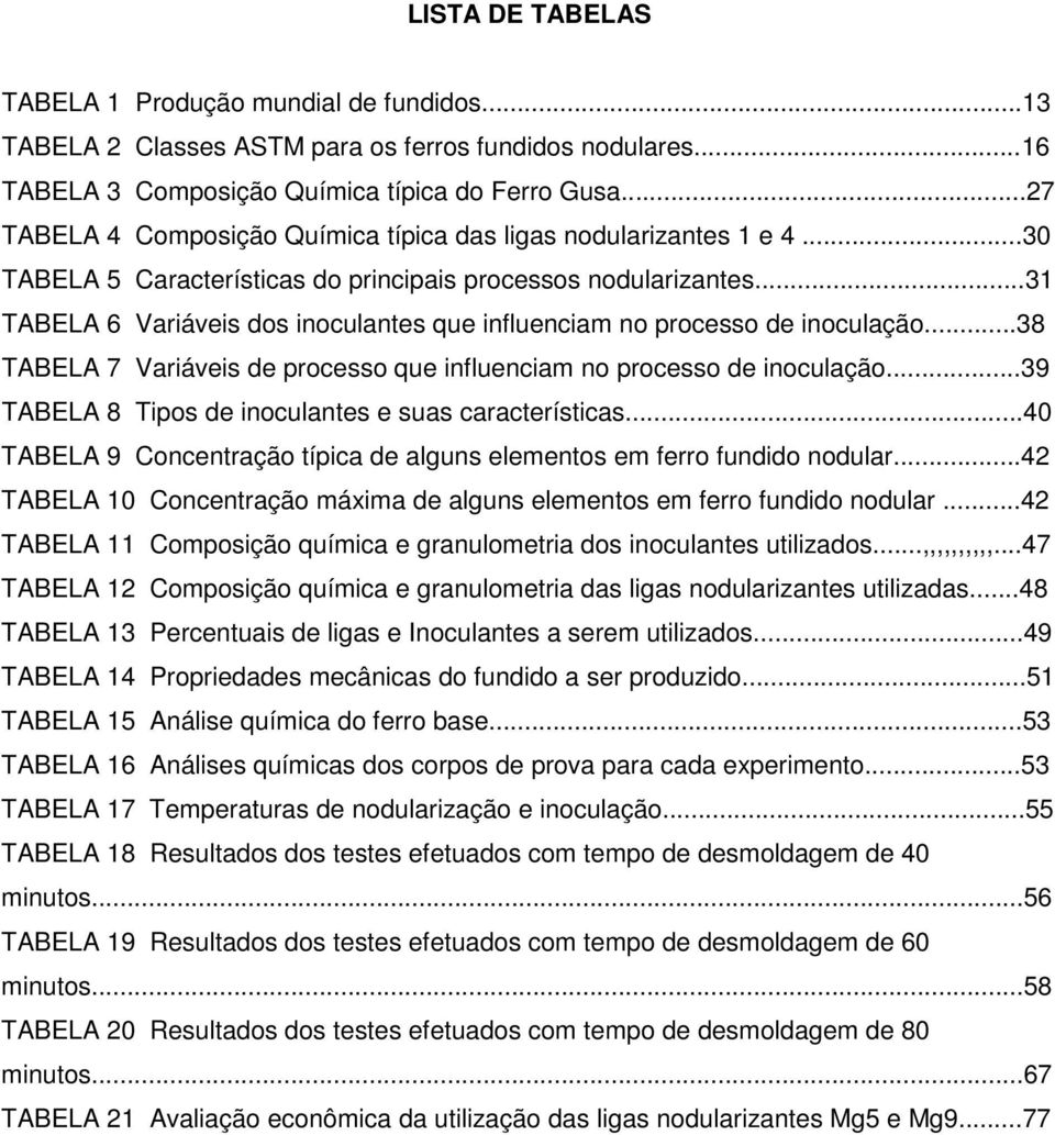 ..31 TABELA 6 Variáveis dos inoculantes que influenciam no processo de inoculação...38 TABELA 7 Variáveis de processo que influenciam no processo de inoculação.