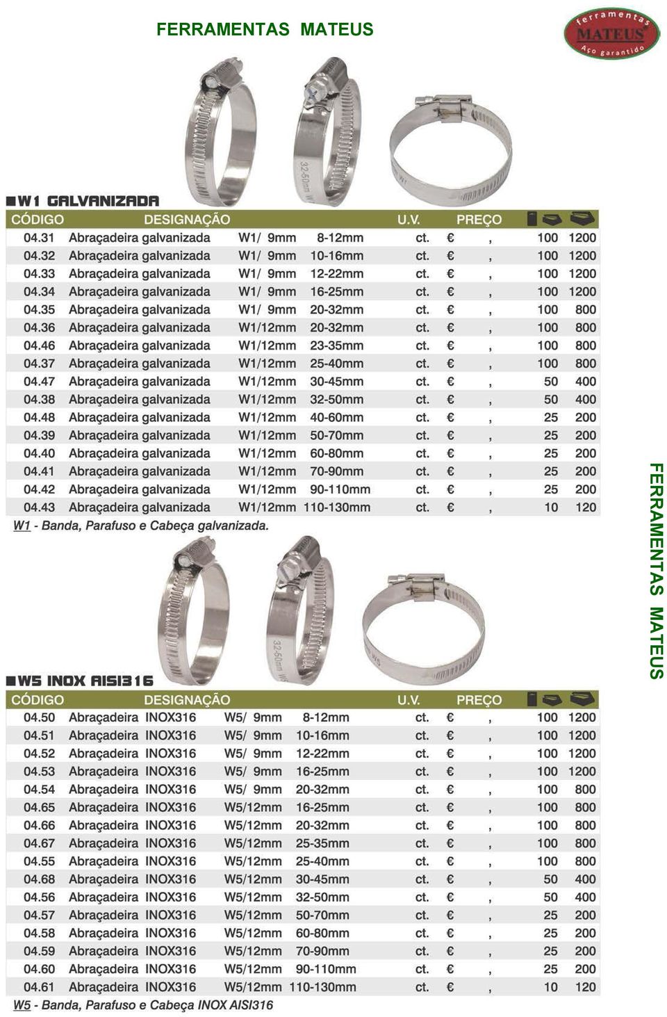 00 800 04.47 Abraçadira galvanizada W/2mm 30-45mm ct. 50 400 04.38 Abraçadira galvanizada W/2mm 32-50mm ct. 50 400 04.48 Abraçadira galvanizada W/2mm 40-60mm ct. 25 04.