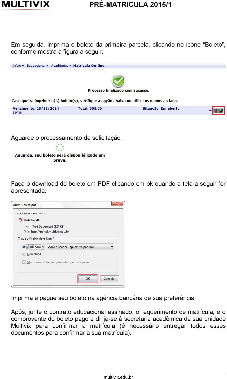 Faça o download do boleto em PDF clicando em ok quando a tela a seguir for apresentada: Imprima e pague seu boleto na agência bancária de sua