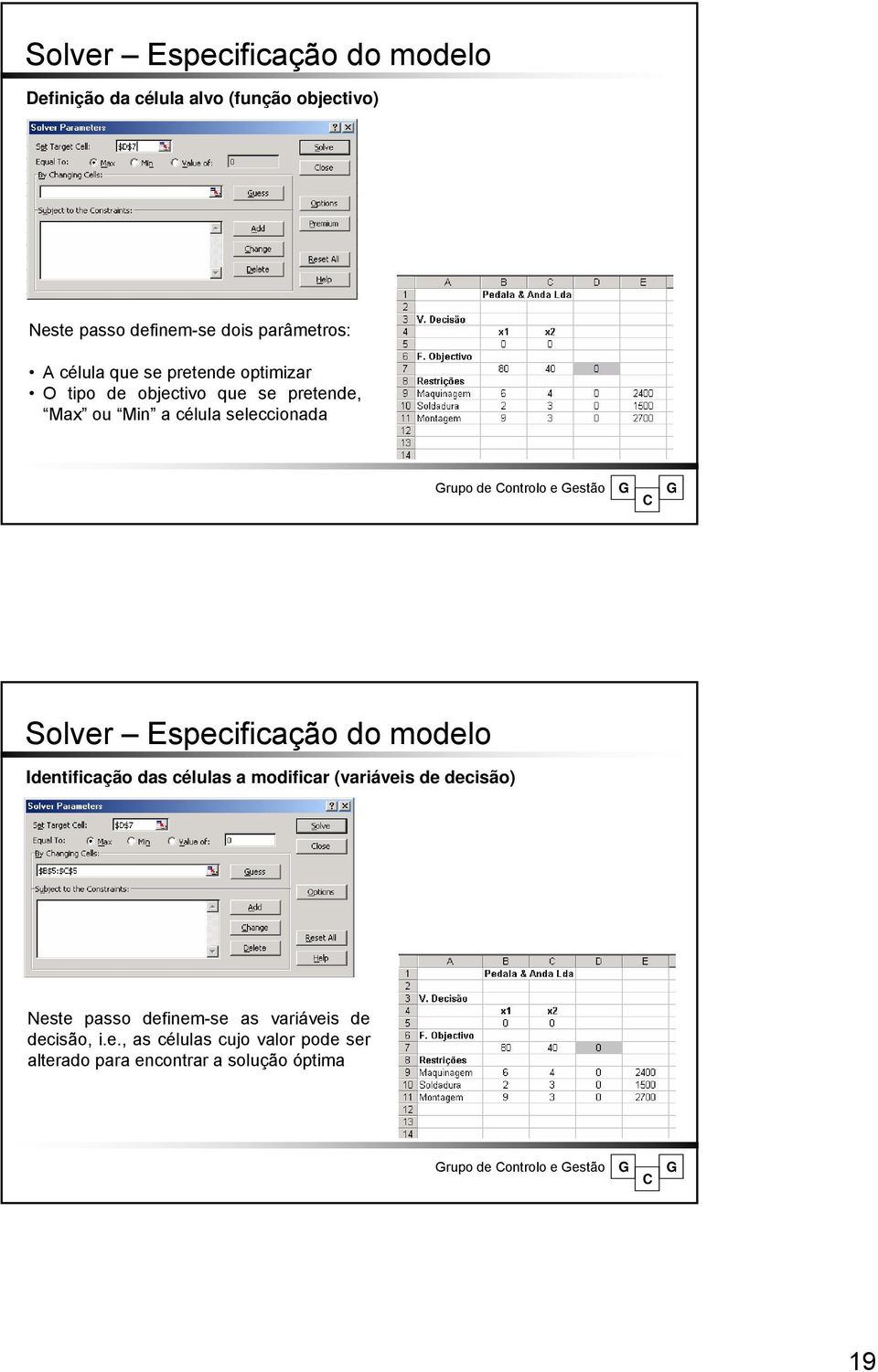 estão Solver Especificação do modelo Identificação das células a modificar (variáveis de decisão) Neste passo definem-se