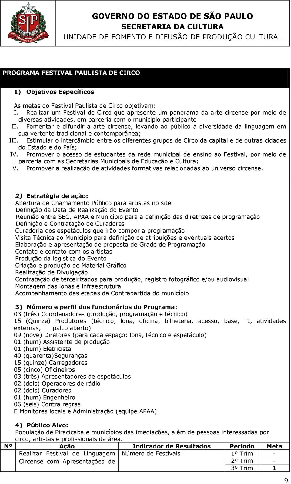 Fomentar e difundir a arte circense, levando ao público a diversidade da linguagem em sua vertente tradicional e contemporânea; III.