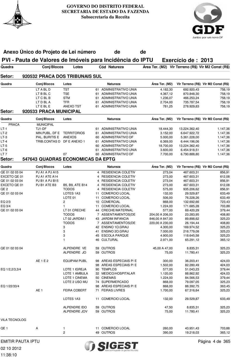 929,83 758,19 920533 PRACA MUNICIPAL Vlr Terreno (R$) Vlr M2 Const (R$) PRACA MUNICIPAL LT-1 TJ1-DF 61 ADMINISTRATIVO UNIA 18.444,30 13.224.362,40 1.147,36 LT-2 MIN.PUBL.