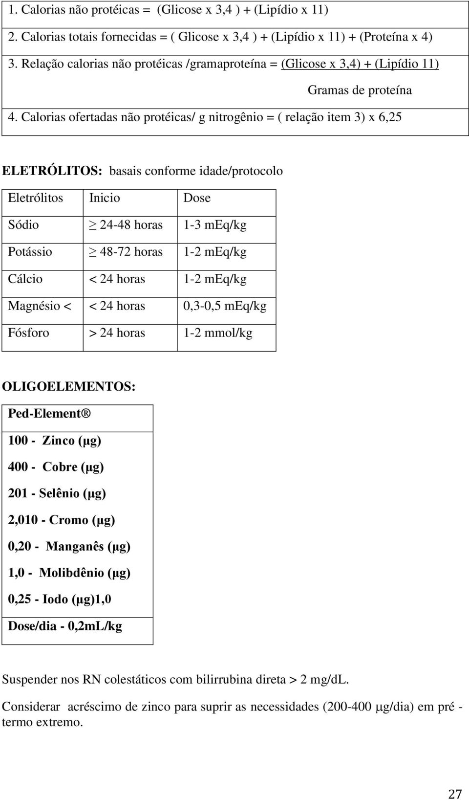 Calorias ofertadas não protéicas/ g nitrogênio = ( relação item 3) x 6,25 ELETRÓLITOS: basais conforme idade/protocolo Eletrólitos Inicio Dose Sódio 24-48 horas 1-3 meq/kg Potássio 48-72 horas 1-2