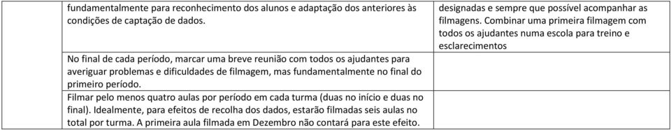 período. Filmar pelo menos quatro aulas por período em cada turma (duas no início e duas no final).