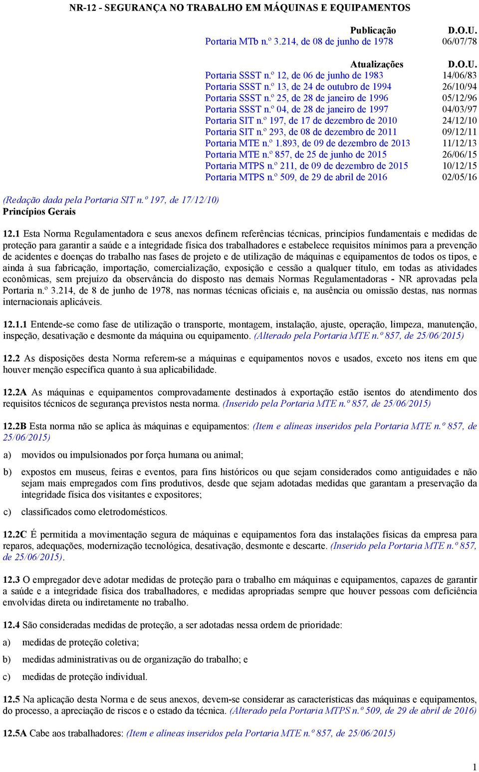 º 25, de 28 de janeiro de 1996 05/12/96 Portaria SSST n.º 04, de 28 de janeiro de 1997 04/03/97 Portaria SIT n.º 197, de 17 de dezembro de 2010 24/12/10 Portaria SIT n.