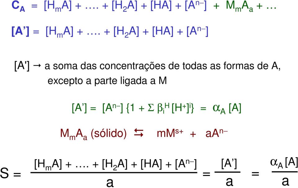 excepto a parte ligada a M [A ] = [A n ] {1 + Σ β ih [H + ] i } = α A [A] M m A