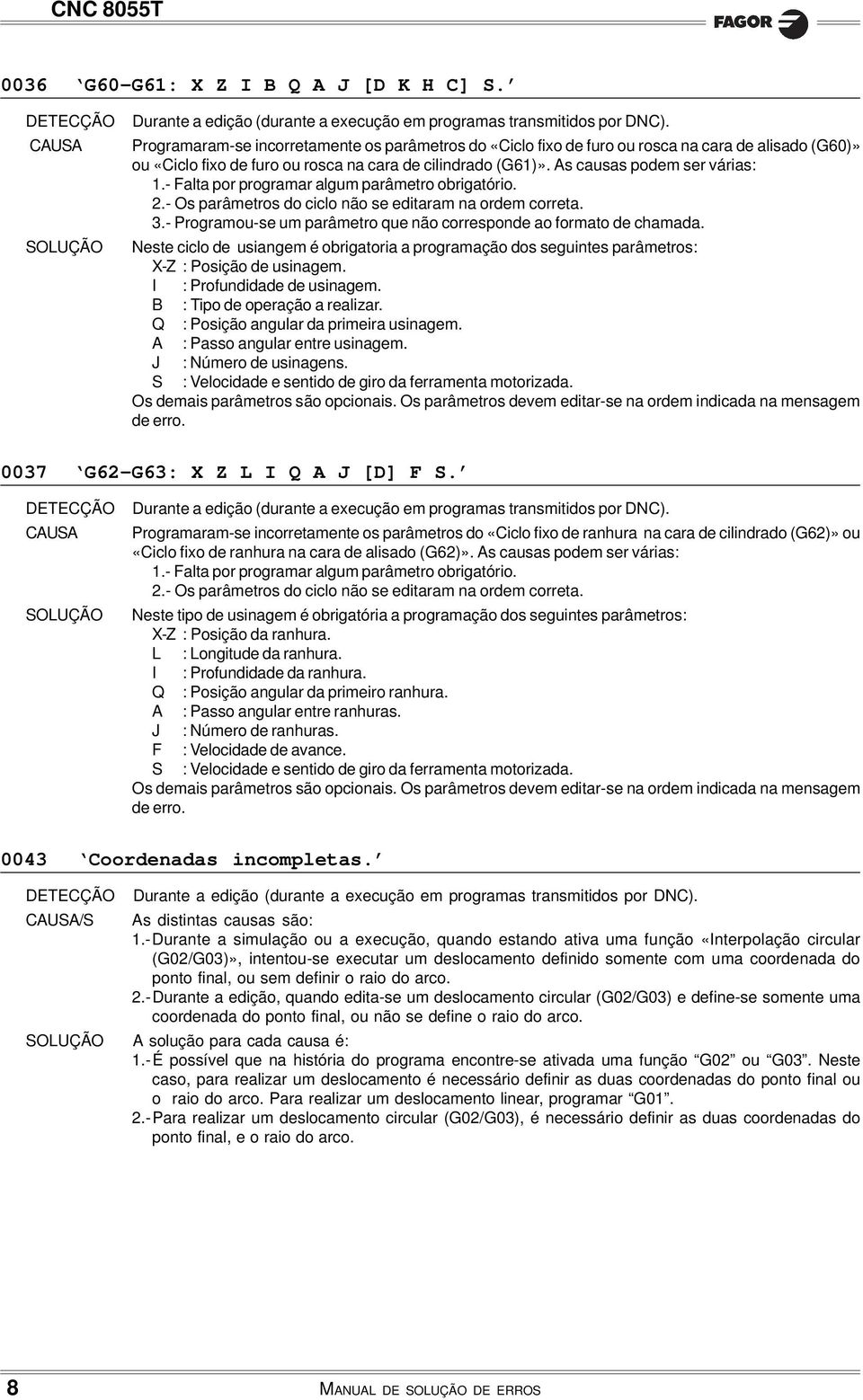 - Falta por programar algum parâmetro obrigatório. 2.- Os parâmetros do ciclo não se editaram na ordem correta. 3.- Programou-se um parâmetro que não corresponde ao formato de chamada.