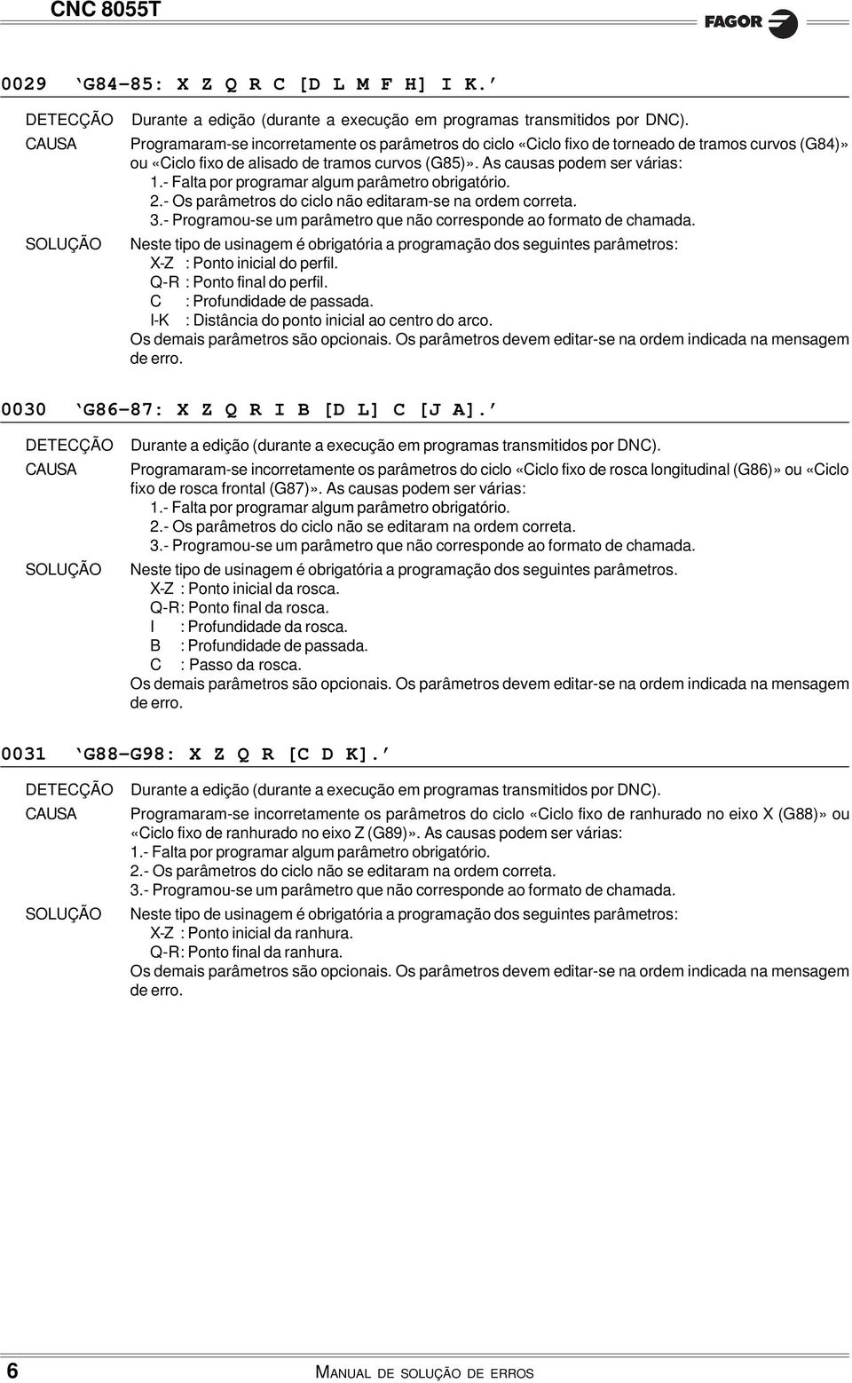 - Programou-se um parâmetro que não corresponde ao formato de chamada. Neste tipo de usinagem é obrigatória a programação dos seguintes parâmetros: X-Z : Ponto inicial do perfil.