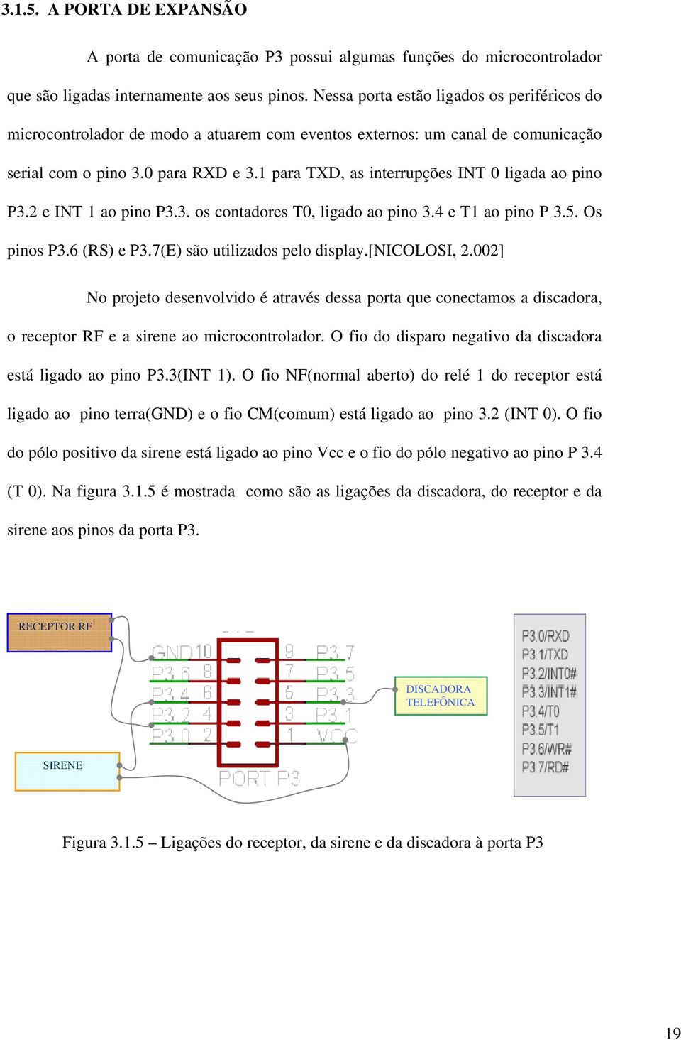 1 para TXD, as interrupções INT 0 ligada ao pino P3.2 e INT 1 ao pino P3.3. os contadores T0, ligado ao pino 3.4 e T1 ao pino P 3.5. Os pinos P3.6 (RS) e P3.7(E) são utilizados pelo display.