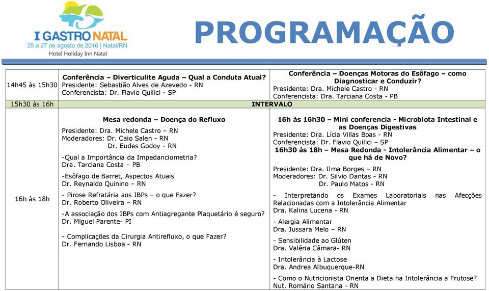 Tarciana Costa - PB 16h às 18h Mesa redonda Doença do Refluxo Presidente: Dra. Michele Castro RN Moderadores: Dr. Caio Salen - RN Dr. Eudes Godoy - RN -Qual a Importância da Impedanciometria? Dra. Tarciana Costa PB -Esôfago de Barret, Aspectos Atuais Dr.